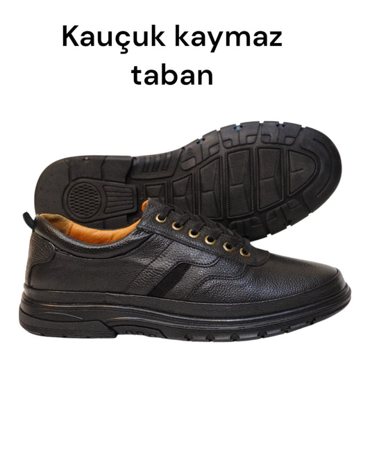 HON'S Siyah Erkek Deri Ayakkabı Hakiki Deri Bagcıklı Ortopedik Jelli Tabanlıklı HSA002