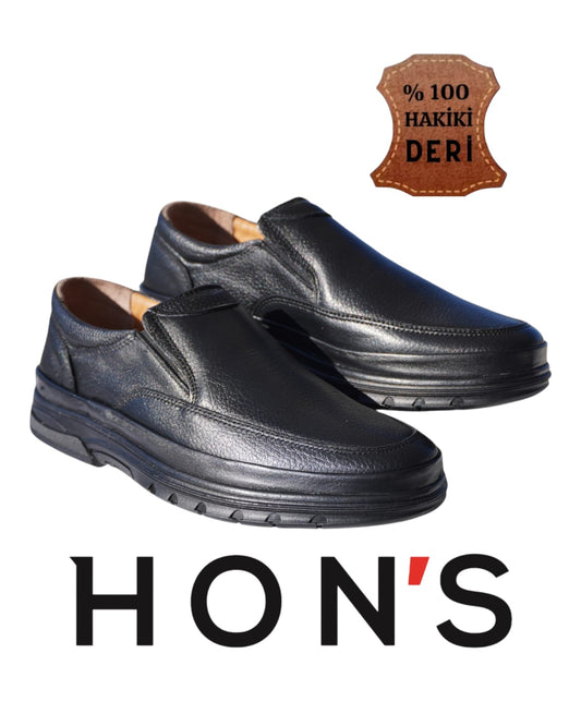 HON'S Siyah Erkek Ayakkabı Hakiki Deri Bağcıksız Kauçuk Taban Topuk-jelli-ortopedik-tabanlık 40/47 Hsa001