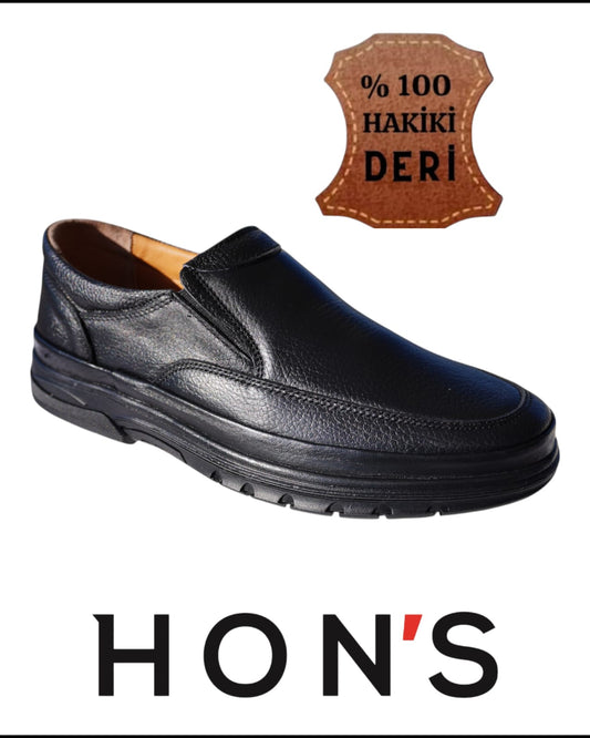 HON'S Siyah Erkek Ayakkabı Hakiki Deri Bağcıksız Kauçuk Taban Topuk-jelli-ortopedik-tabanlık 40/47 Hsa001