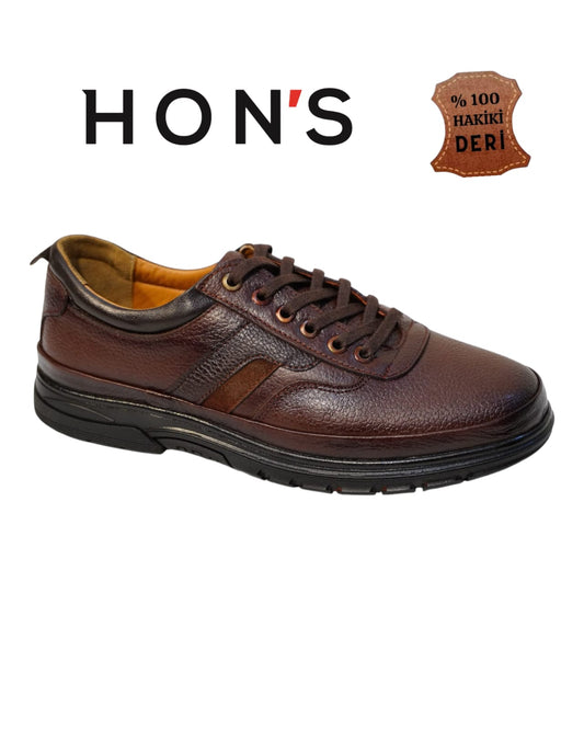 HON'S Kahverengi Erkek Deri Ayakkabı Hakiki Deri Bagcıklı Ortopedik Jelli Tabanlıklı HSA002