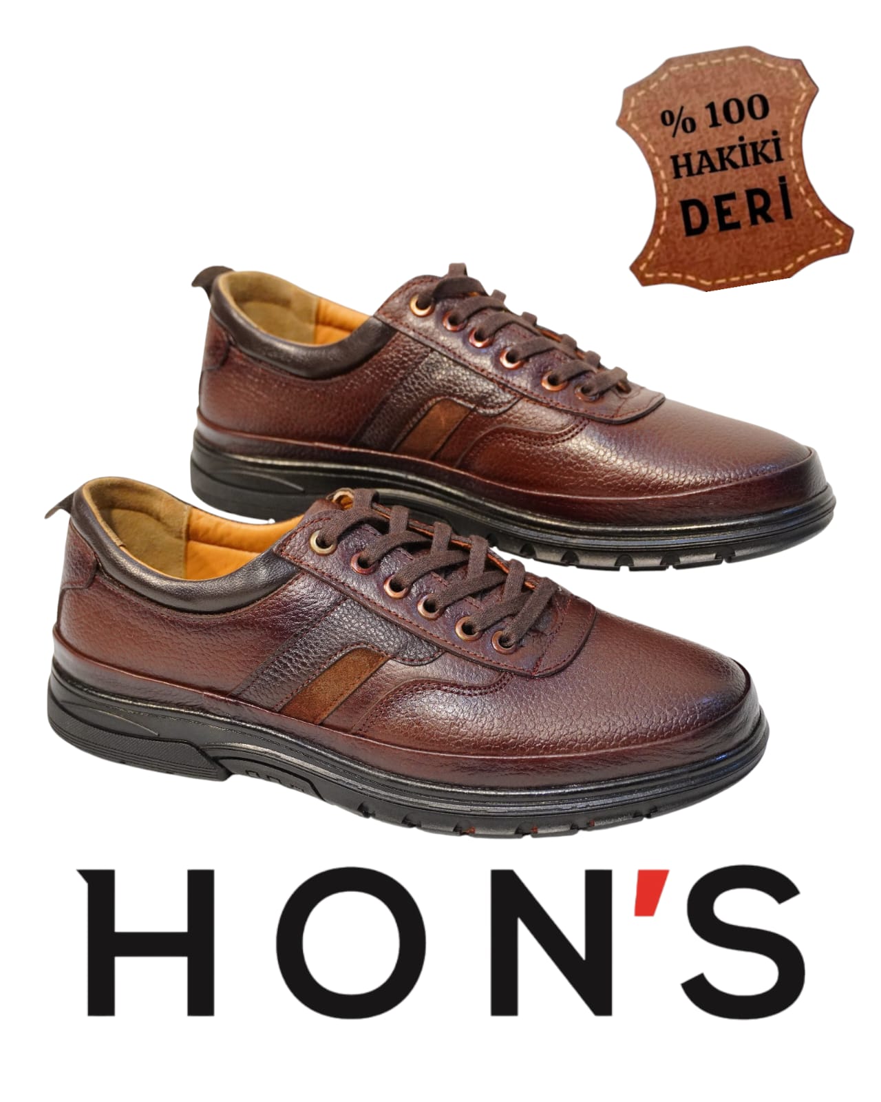HON'S Kahverengi Erkek Deri Ayakkabı Hakiki Deri Bagcıklı Ortopedik Jelli Tabanlıklı HSA002