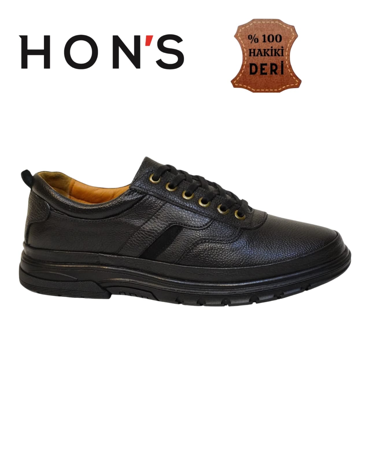 HON'S Siyah  Erkek Deri Ayakkabı Hakiki Deri Bagcıklı Ortopedik Jelli Tabanlıklı HSA002