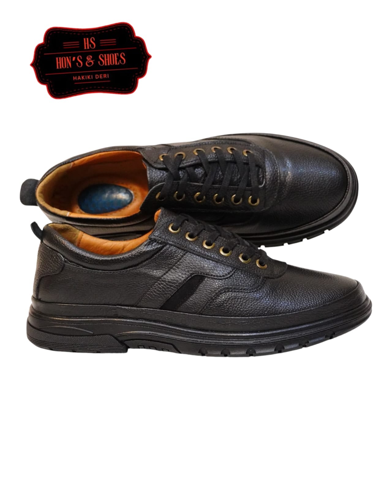 HON'S Siyah  Erkek Deri Ayakkabı Hakiki Deri Bagcıklı Ortopedik Jelli Tabanlıklı HSA002