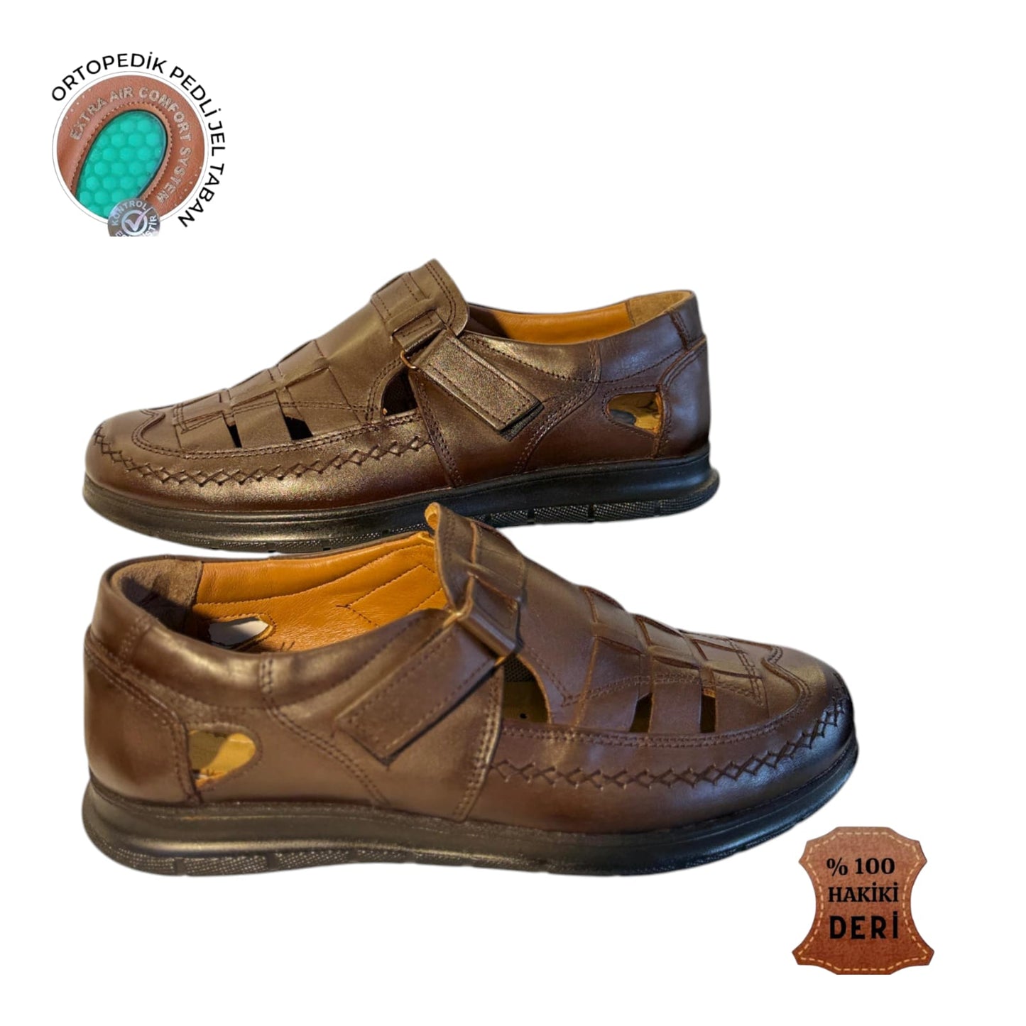 ComfortStep Erkek Hakiki Deri Sandalet – Ortopedik Jel Tabanlı, İç Dış Deri, Polirüretan Taban, Cırtlı, Rahat Yazlık Günlük Ayakkabı