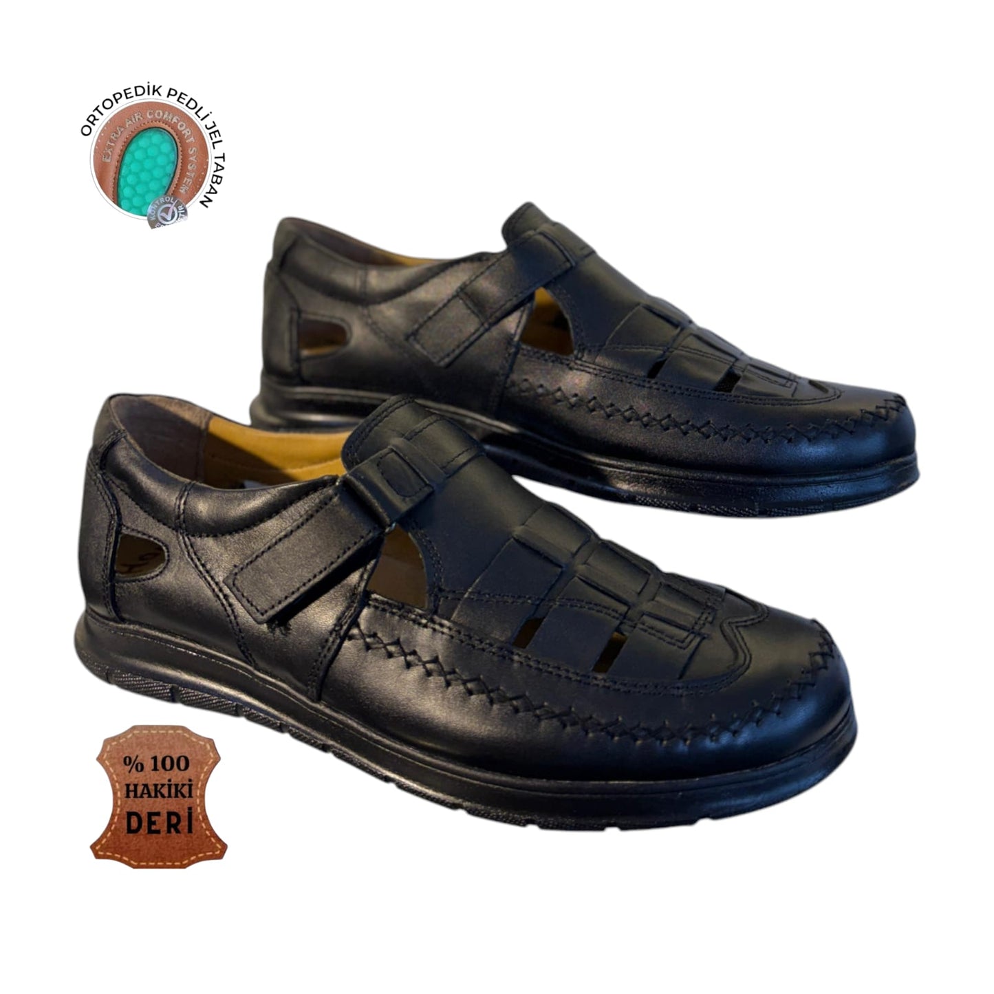 ComfortStep Erkek Hakiki Deri Sandalet – Ortopedik Jel Tabanlı, İç Dış Deri, Polirüretan Taban, Cırtlı, Rahat Yazlık Günlük Ayakkabı