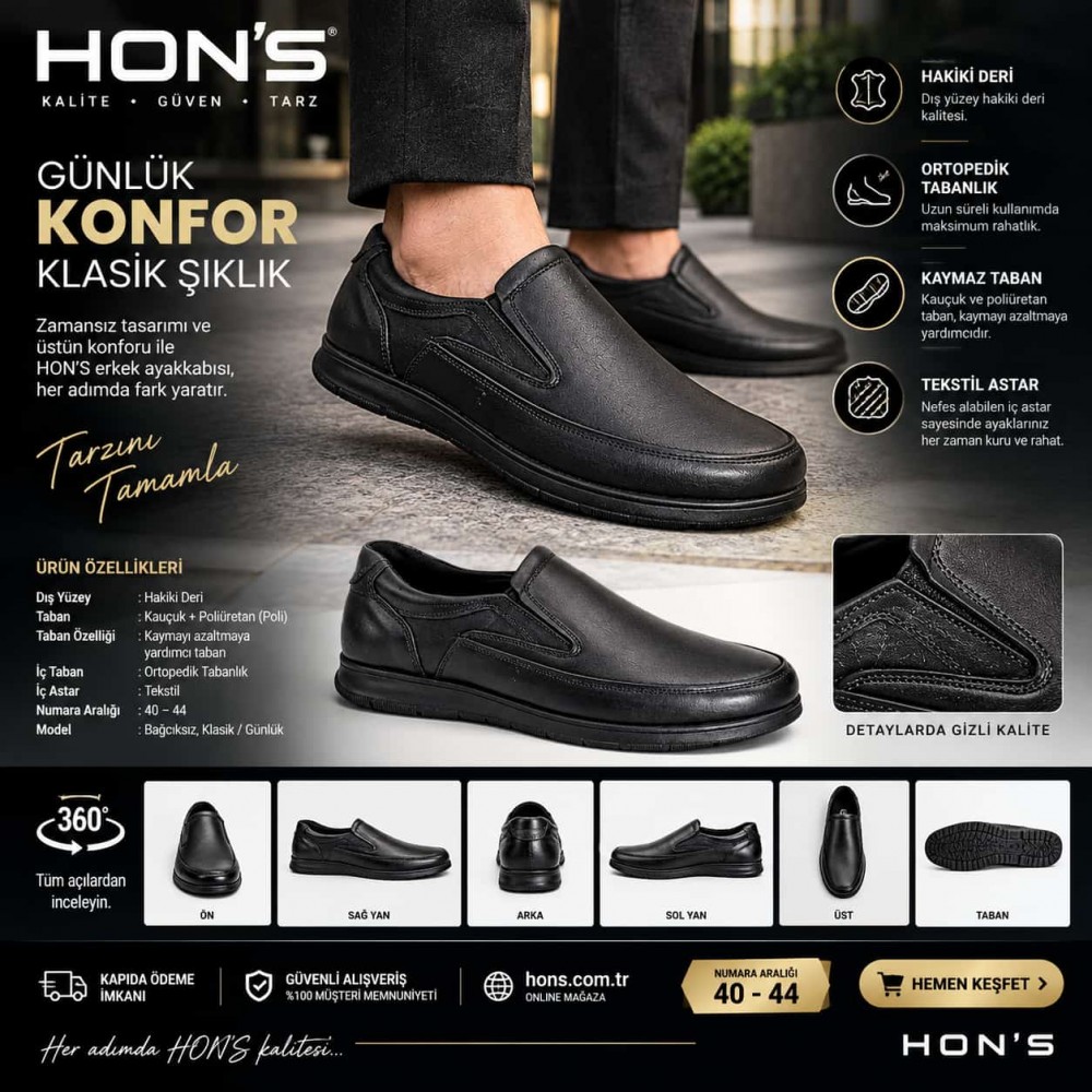 Hon's Comfort – Bağcıksız Hakiki Deri Erkek Ayakkabısı (Kaymaz Kauçuk Poli Taban)