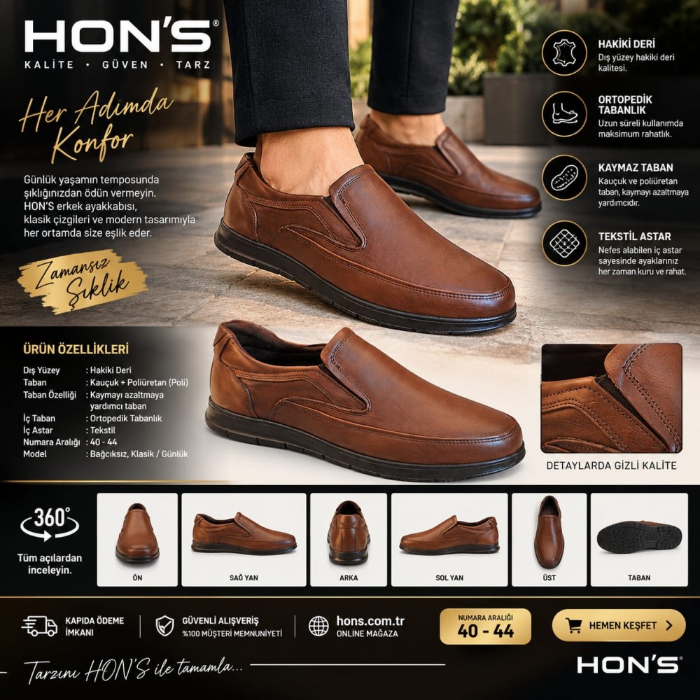 Hon's Comfort – Bağcıksız Hakiki Deri Erkek Ayakkabısı (Kaymaz Kauçuk Poli Taban)